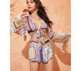 Plunging Neck Tie Front Bell Sleeve Scarf Print Romper Talla Small